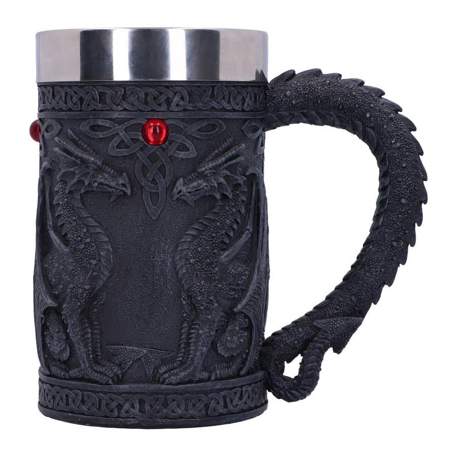 Black resin gothic tankard with two dragons in profile and a red gem on a Celtic knot.