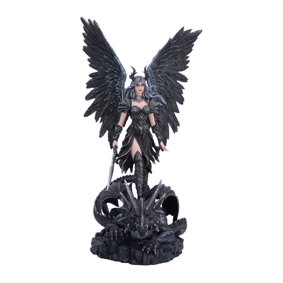 Black gothic fairy figurine of a winged angel with a blade and a dragon on a rocky base
