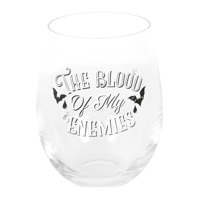 Stemless wine glass with Blood of my Enemies text and gothic bat designs