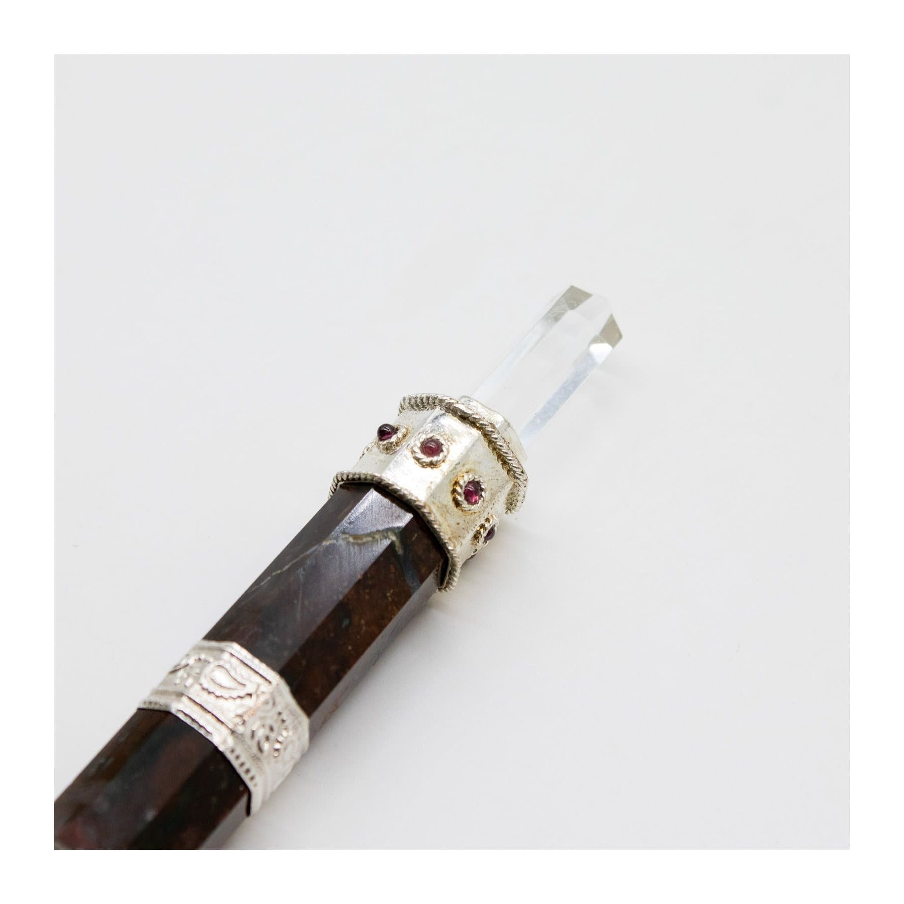 Fancy jasper Sovereign wand with a crystal ball top and silver-tone decorative bands