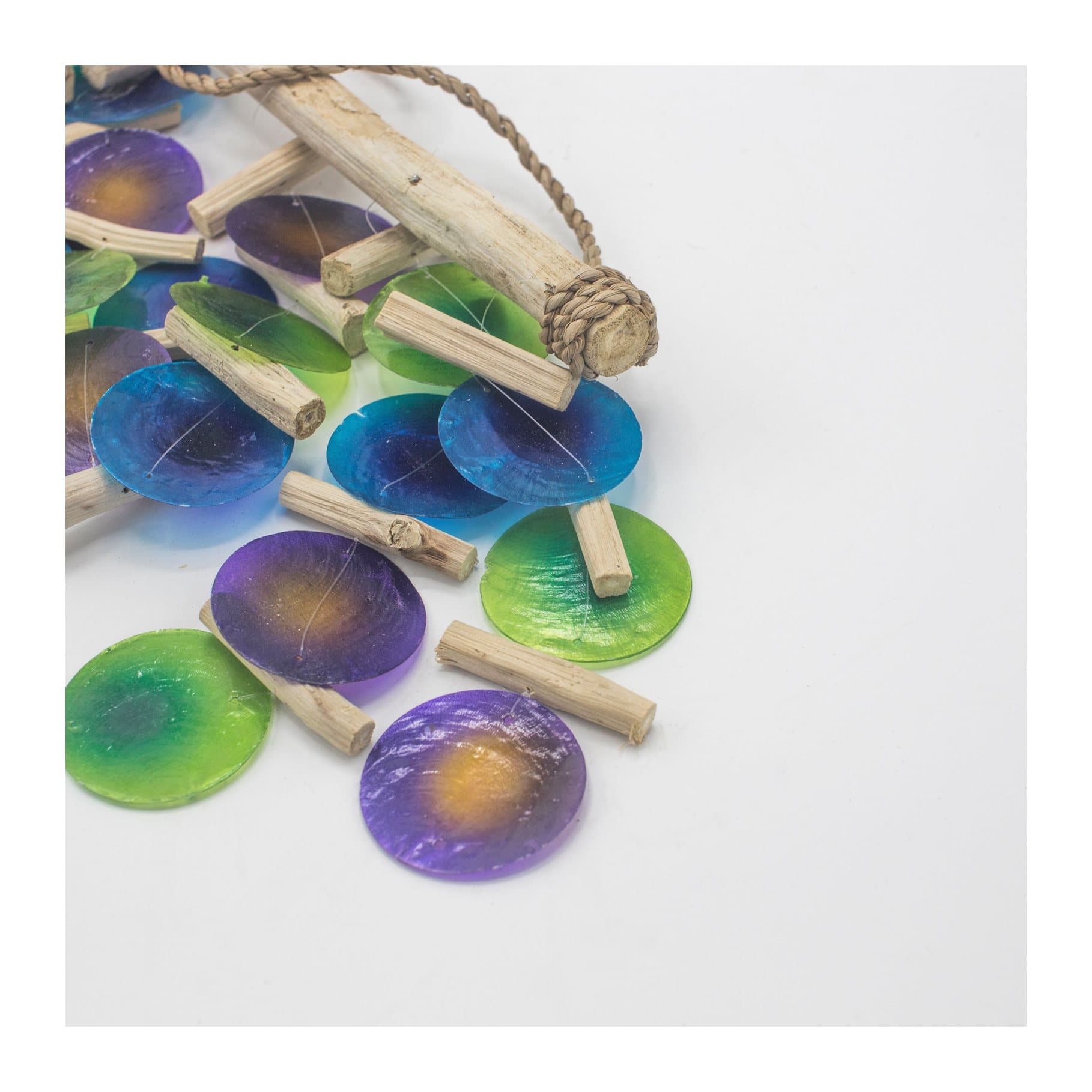 Handmade driftwood and Capiz shell wind chime in blue