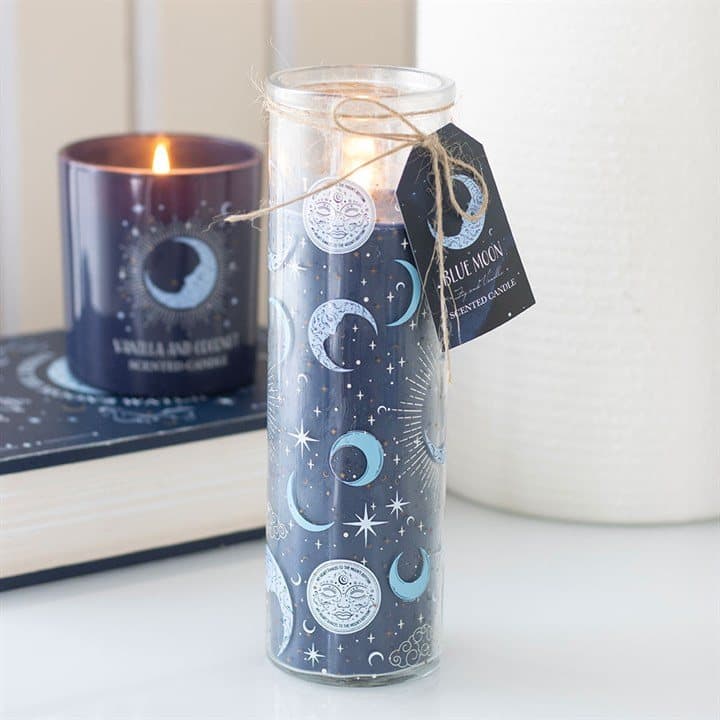 Tall candle with a blue moon print