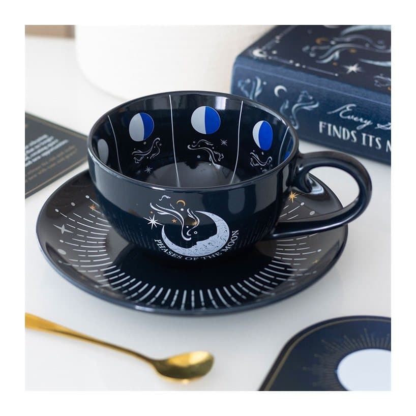 Blue moon phase ceramic teacup and saucer
