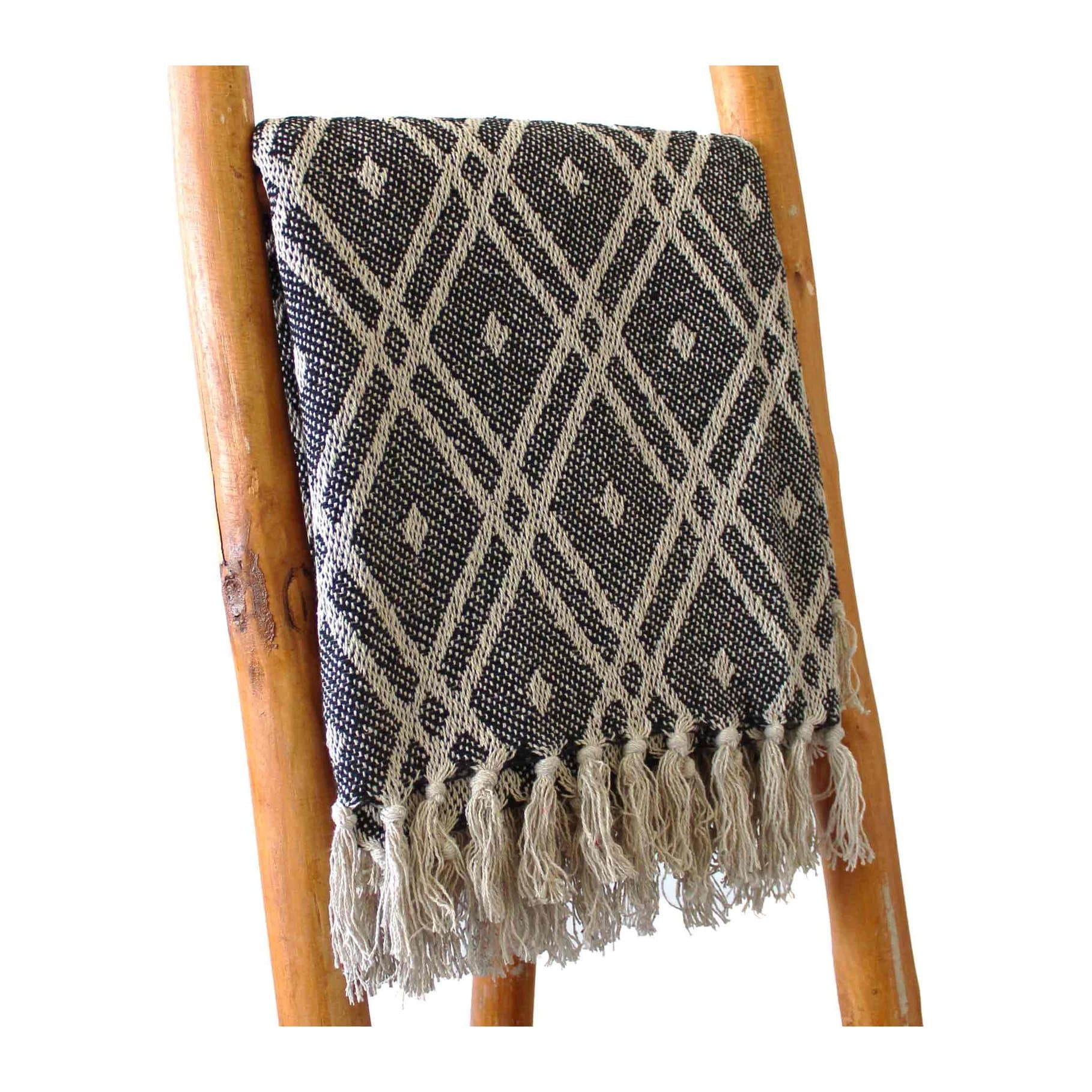 Black and beige regency pattern cotton throw with tasselled edges