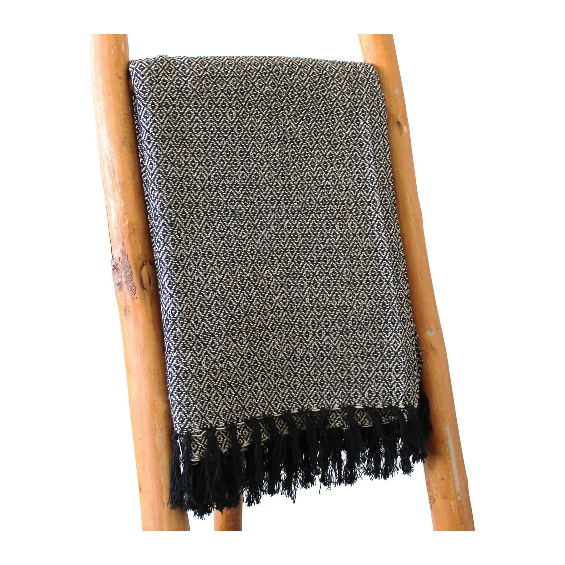 Charcoal diamond weave cotton throw with black tassel fringe