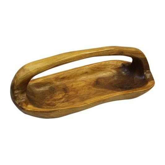 Hand carved teak root bowl with a handle and natural abstract shape
