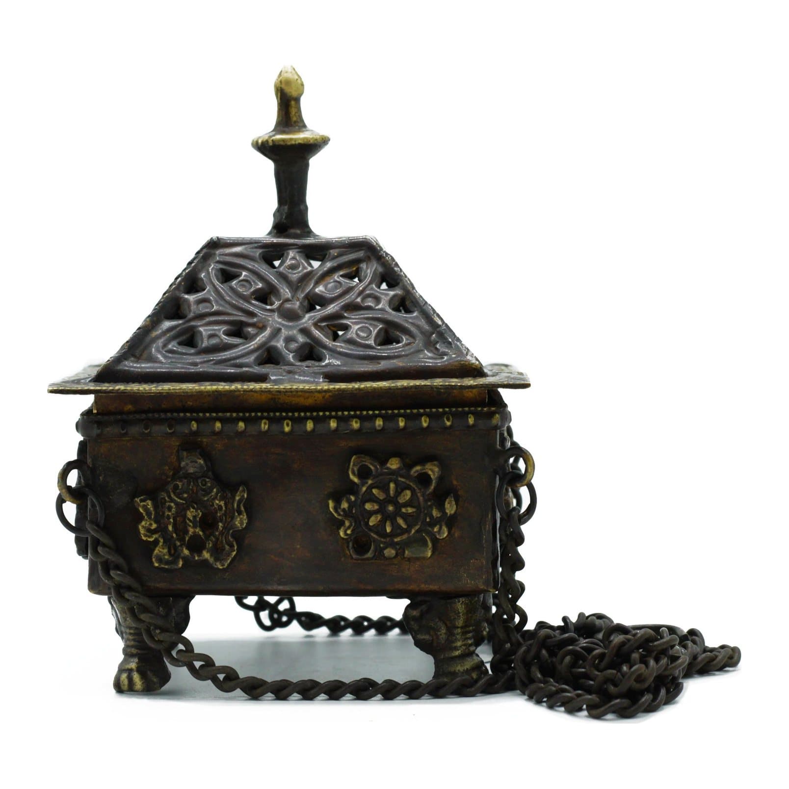 Brass Tibetan burner with a square hanging pot on a chain and eight symbols