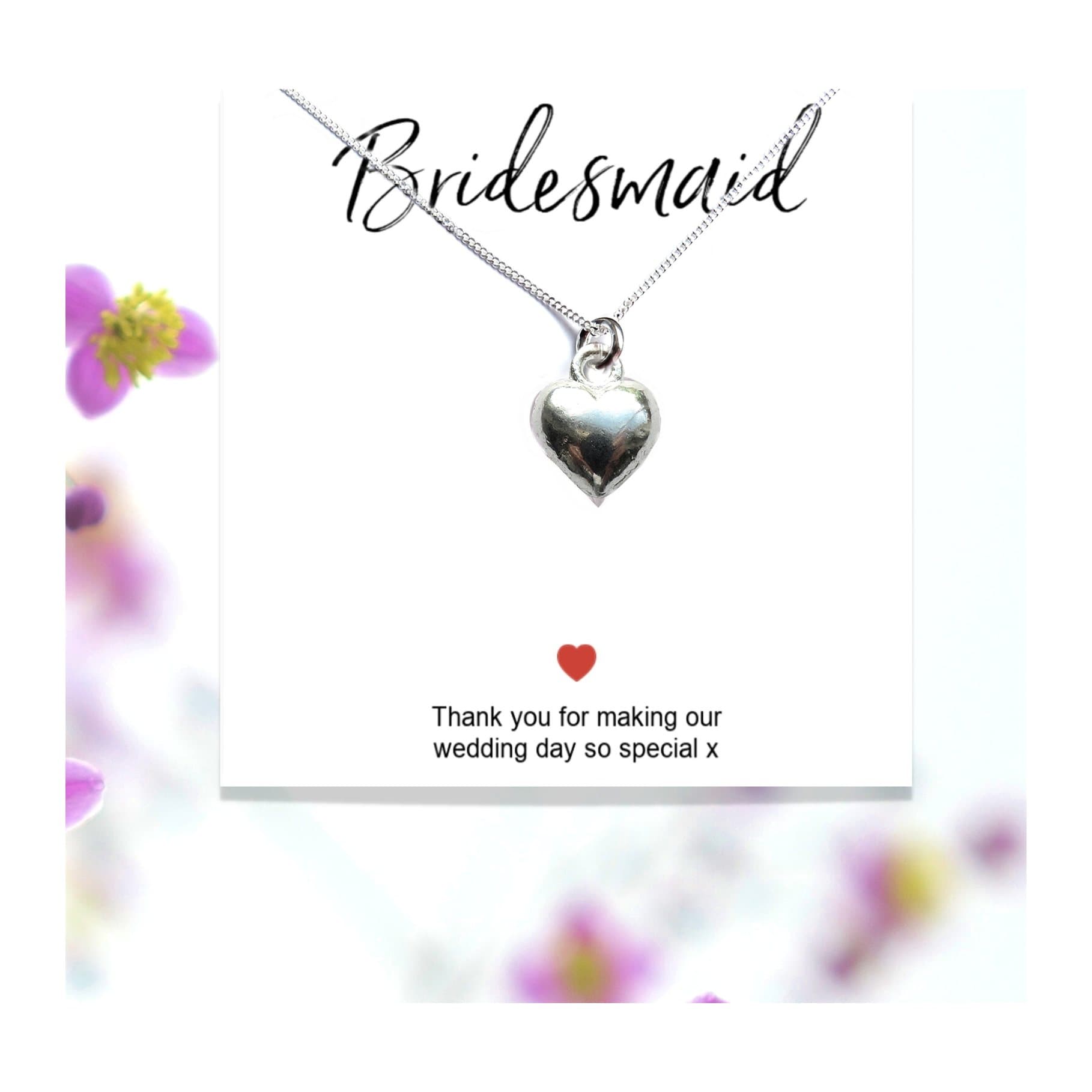 Bridesmaid heart necklace presented on a thank you gift card