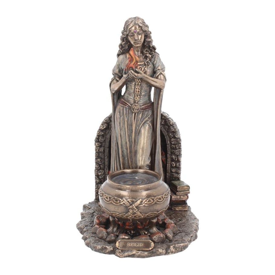Bronze-finish Brigid goddess figurine in a green dress holding a red flame
