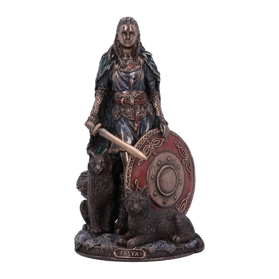 Bronze Freya goddess figurine with sword and shield