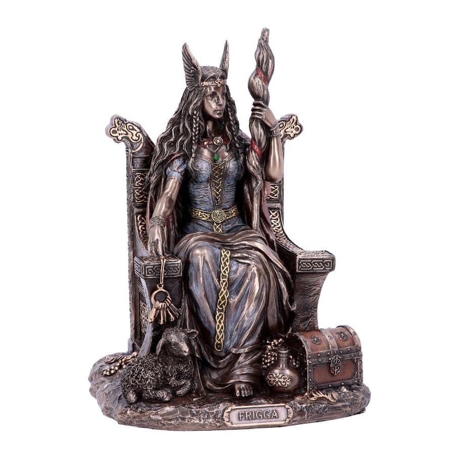Bronze-finish Frigga goddess ornament seated on a patterned throne