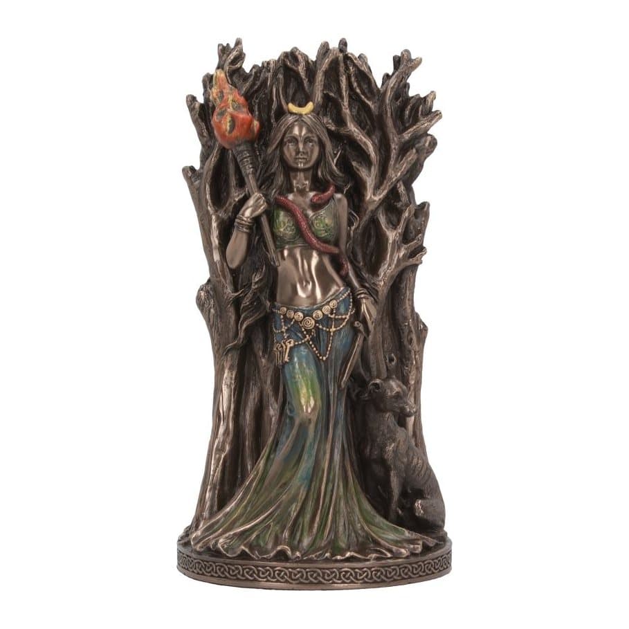 Bronze figurine of Hecate holding a torch with her dog beside her