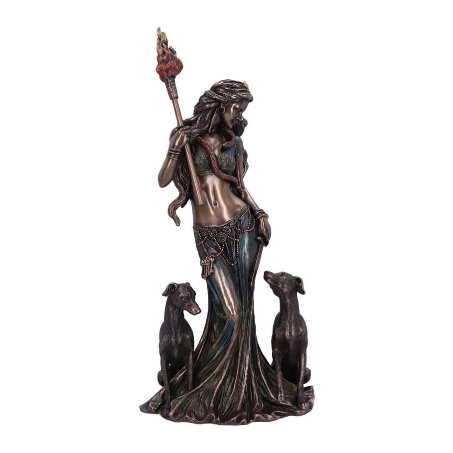 Bronze Hecate moon goddess figurine holding a torch with her dogs