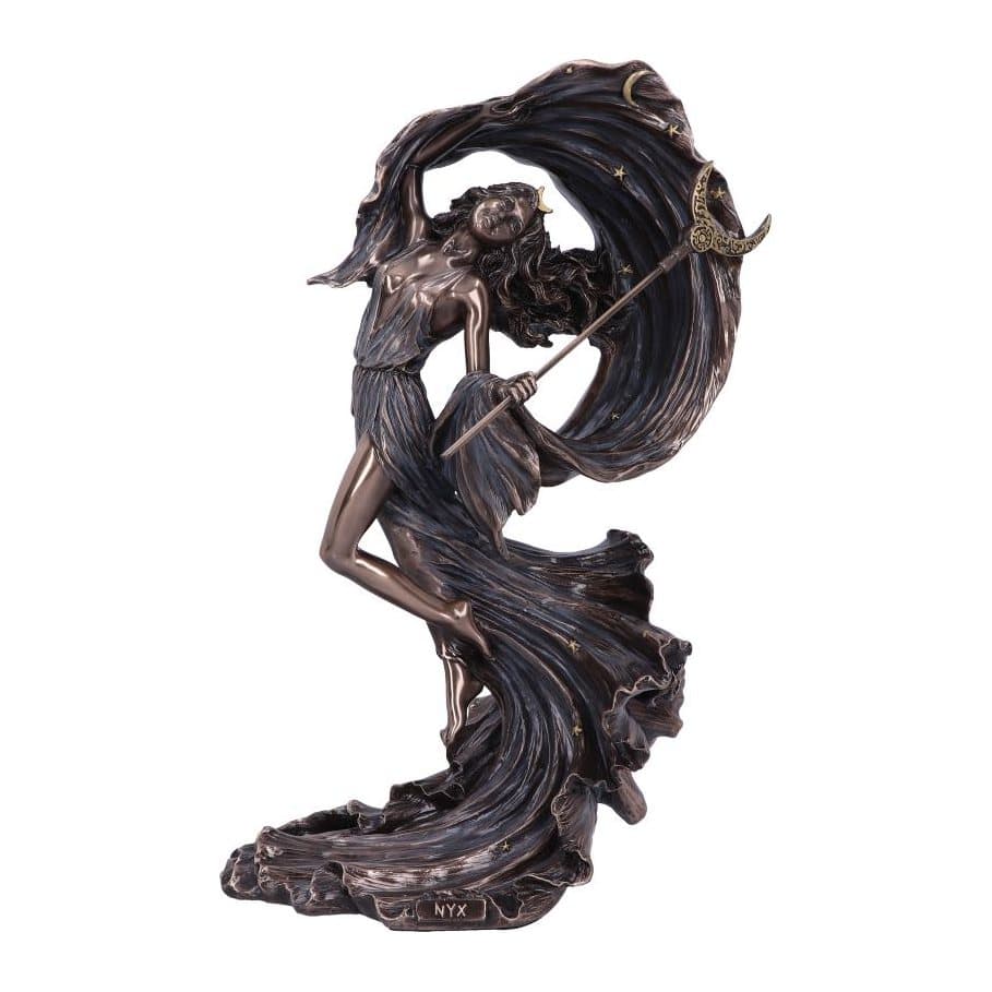 Bronze Nyx Greek goddess figurine with a crescent moon staff