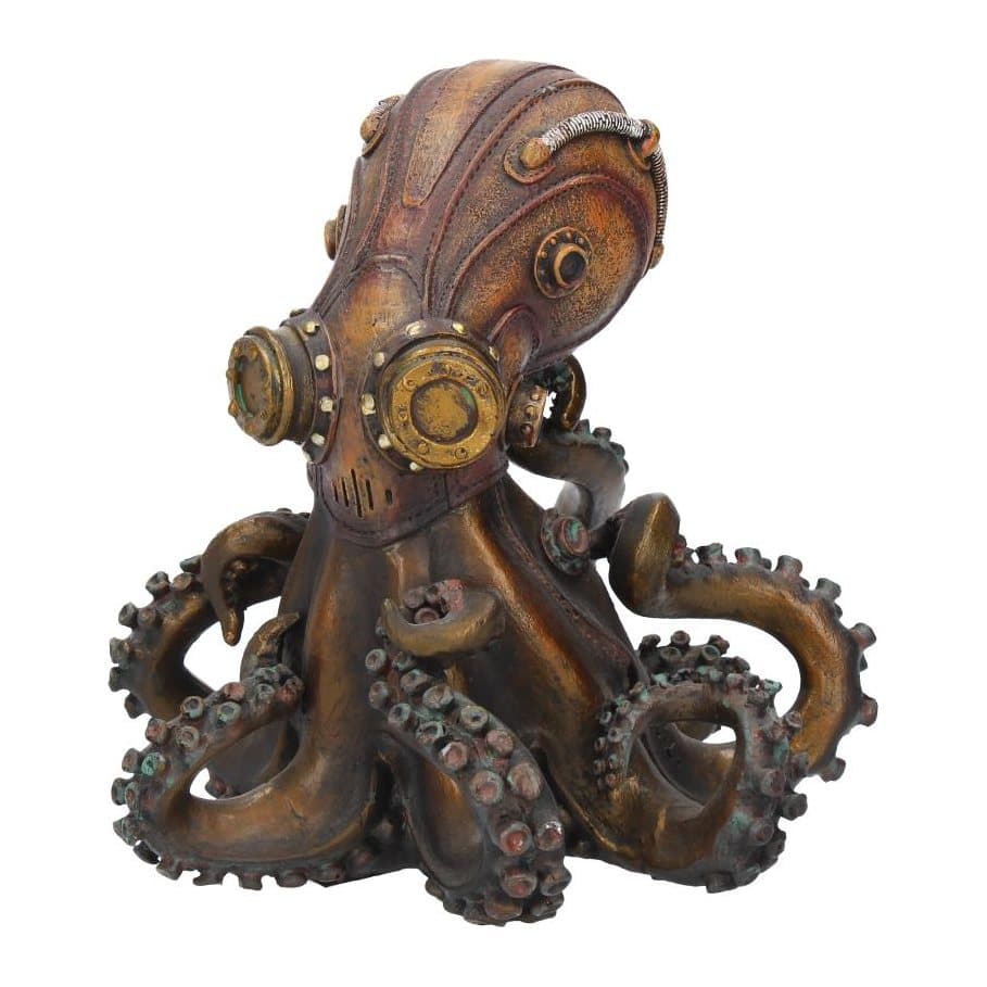 Bronze steampunk octopus figurine in a brass helmet with portholes