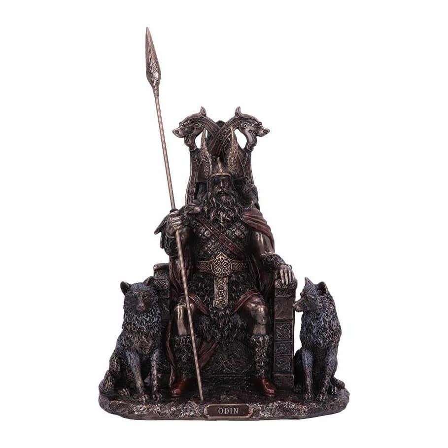 Bronze-finish Odin figurine seated on a throne with wolves and ravens