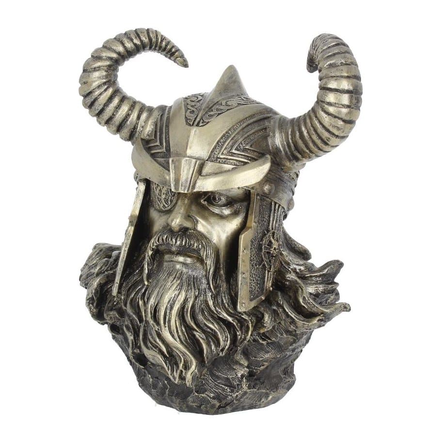 Bronzed Odin bust with long hair, horned helmet and eye patch