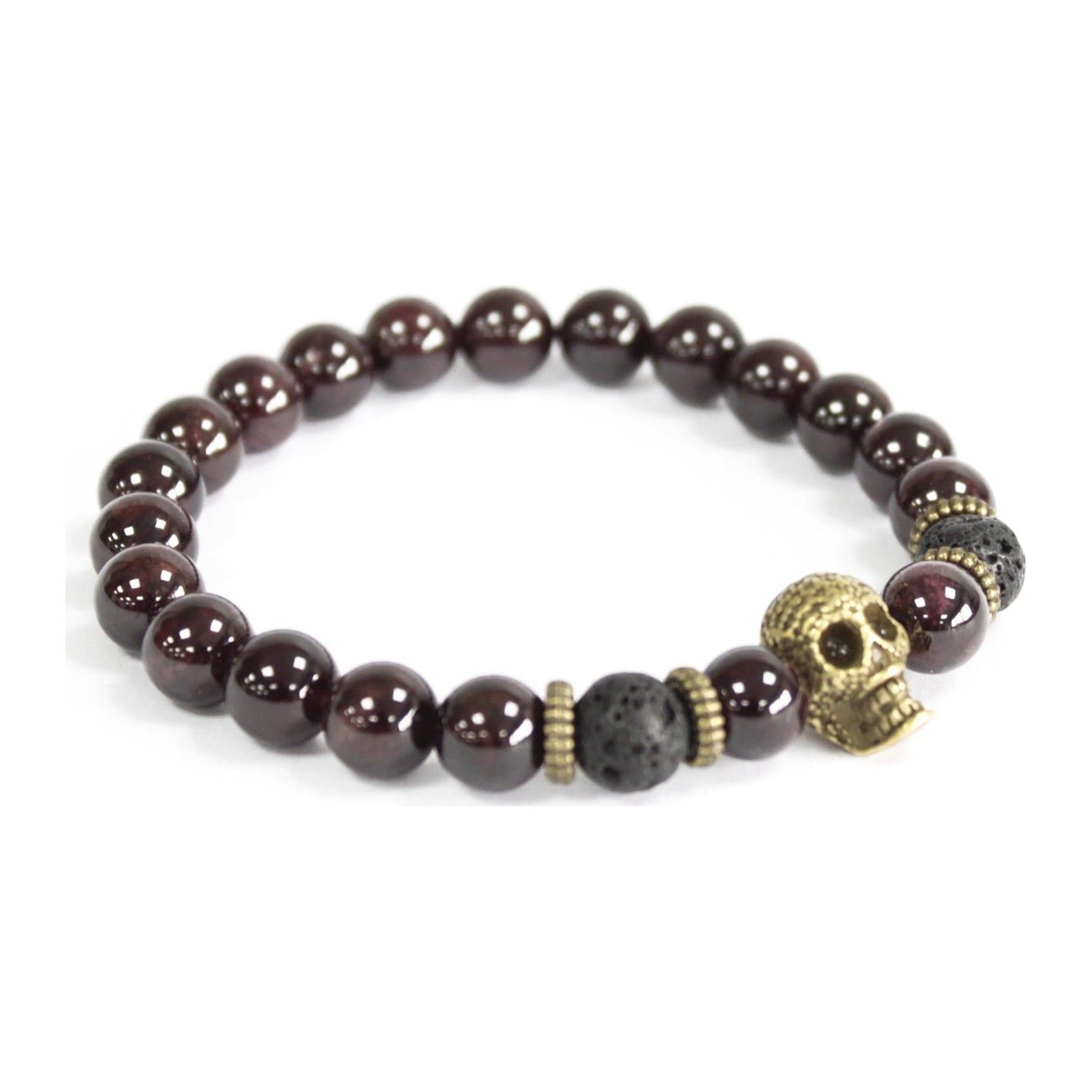 Bloodstone gemstone bracelet with a bronze skull