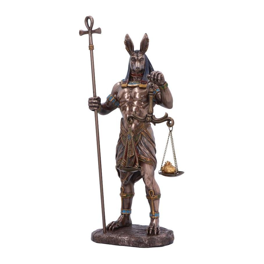 Bronzed resin Anubis figurine holding the Ankh Staff and Scale of Justice