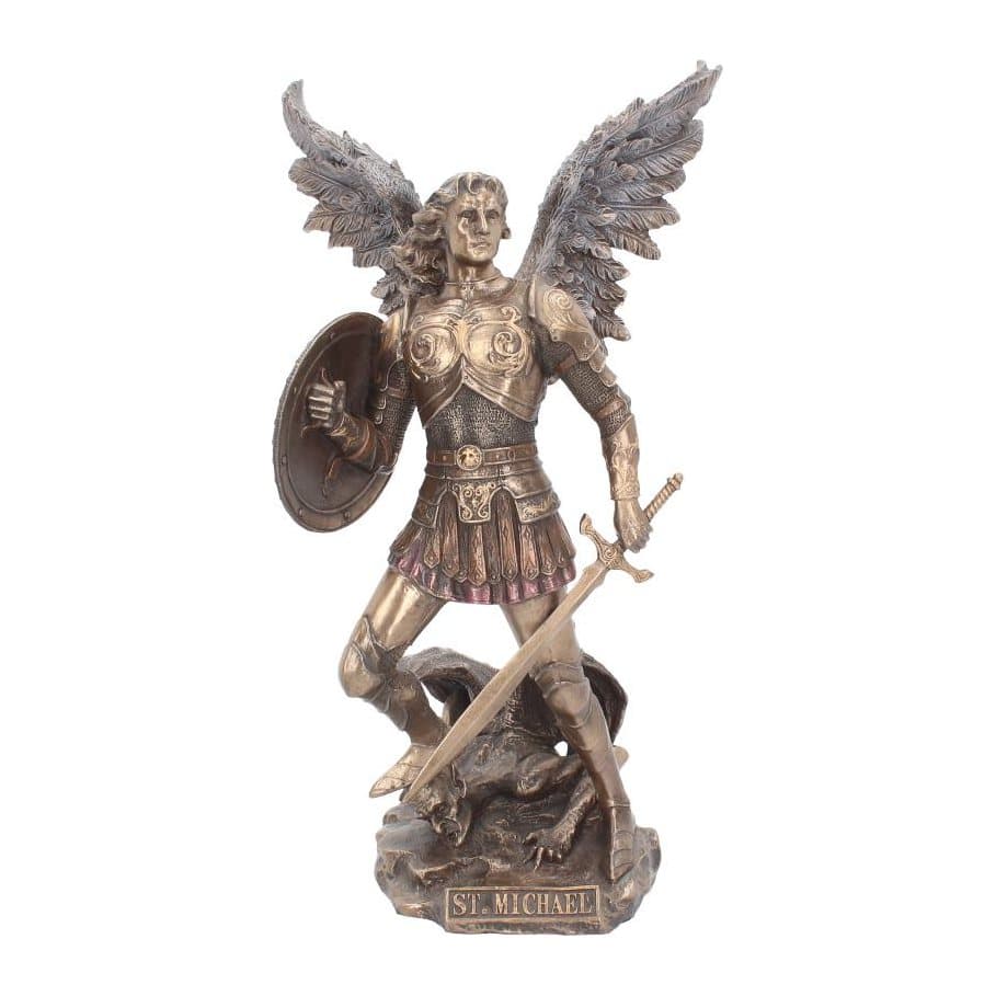 Bronzed Archangel Michael with spread wings, sword in hand, foot on the head of Satan