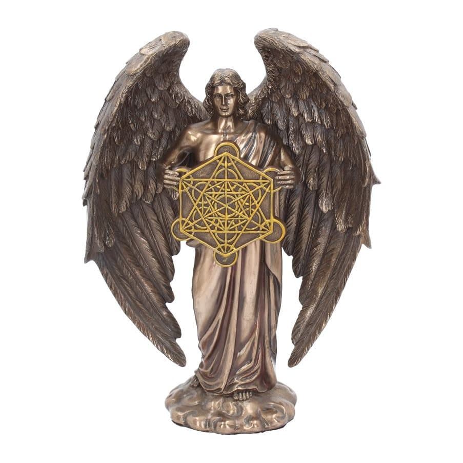 Bronzed Metatron archangel figurine holding a Metatron Cube