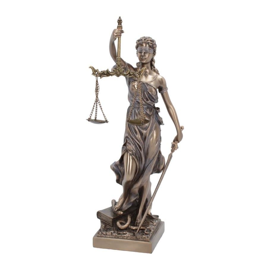 Bronzed goddess figurine with blindfold, scales in one hand and sword in the other