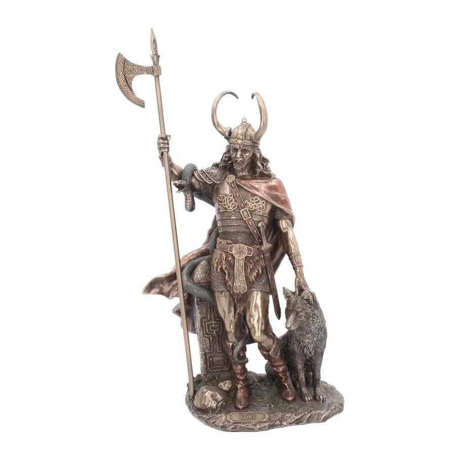 Bronzed Loki figurine with a dark wolf and green serpent, in horned helmet