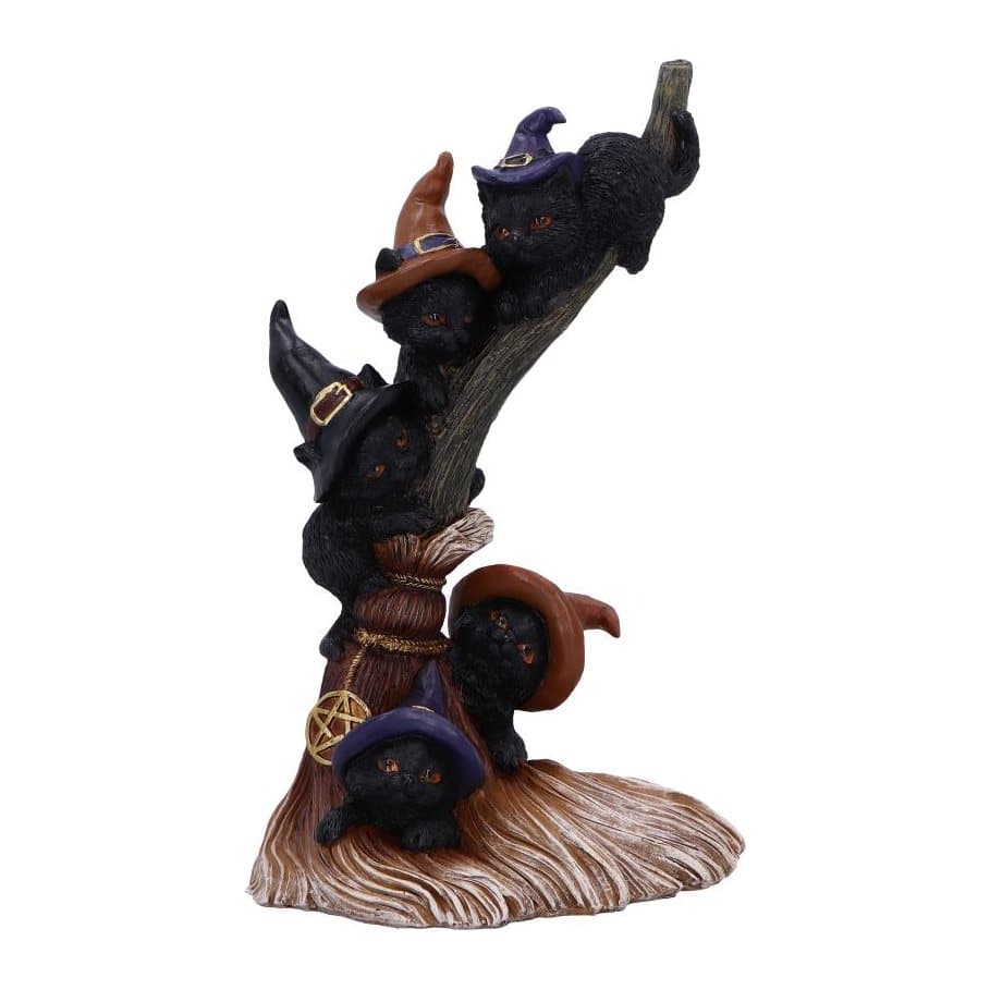Broomstick Kindle ornament: five black cats guarding a witch's broomstick