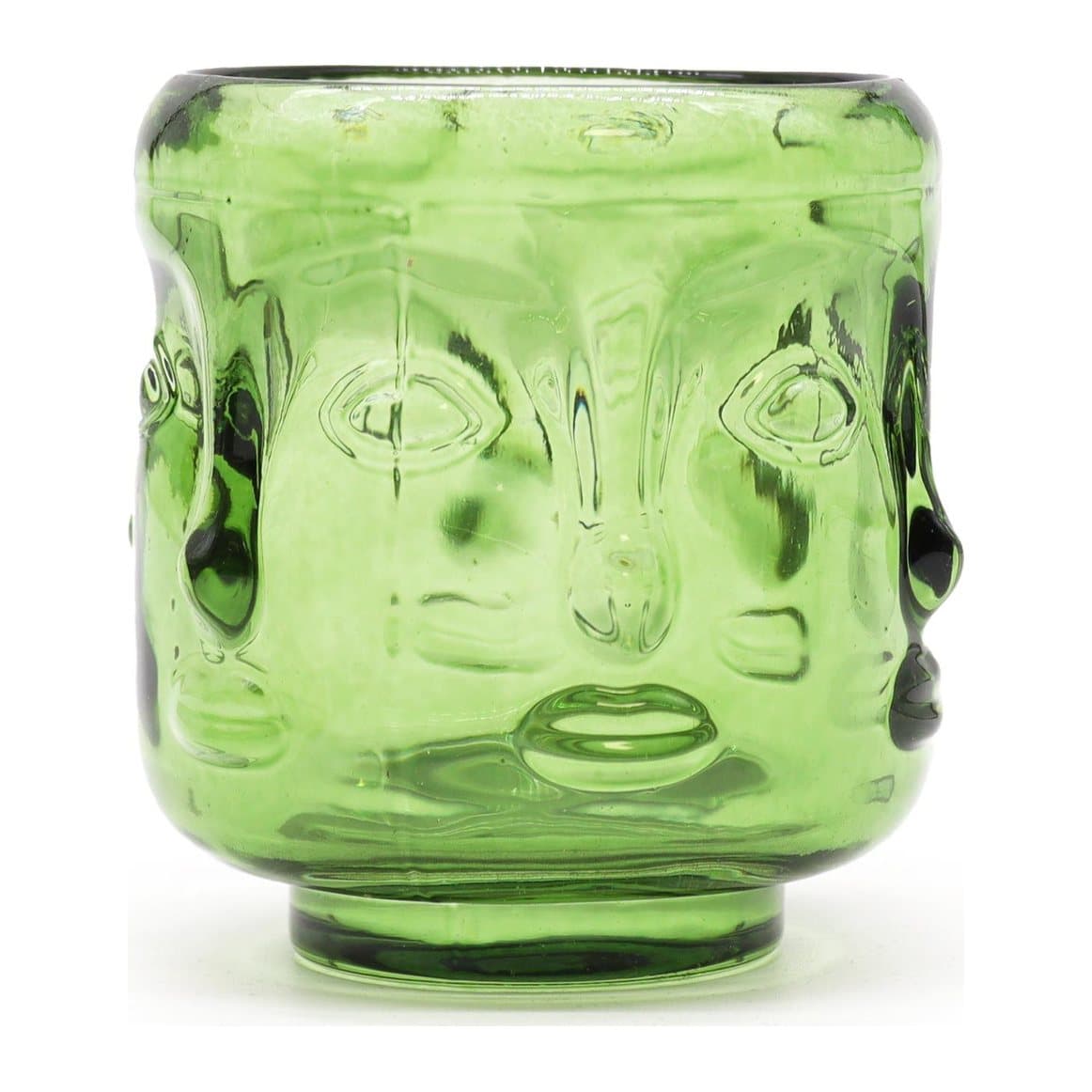 Garden jade pressed glass Buddha faces candle jar