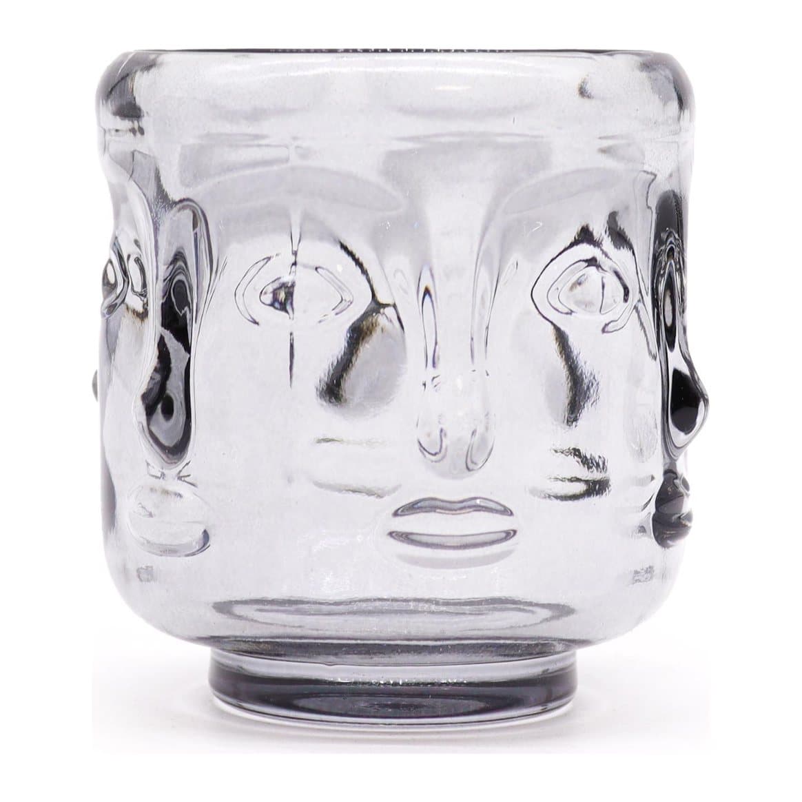 Midnight grey pressed glass Buddha faces candle jar