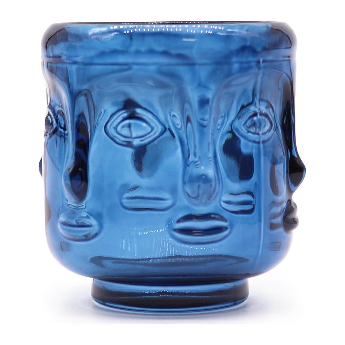 Royal blue pressed glass candle jar with Buddha faces design