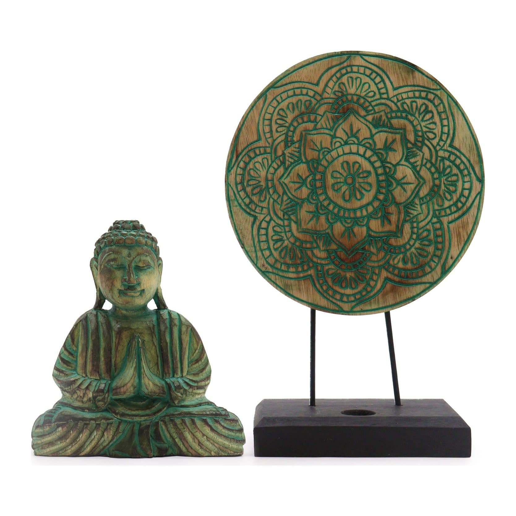 Green Buddha feng shui set with Buddha Knot design on a stand
