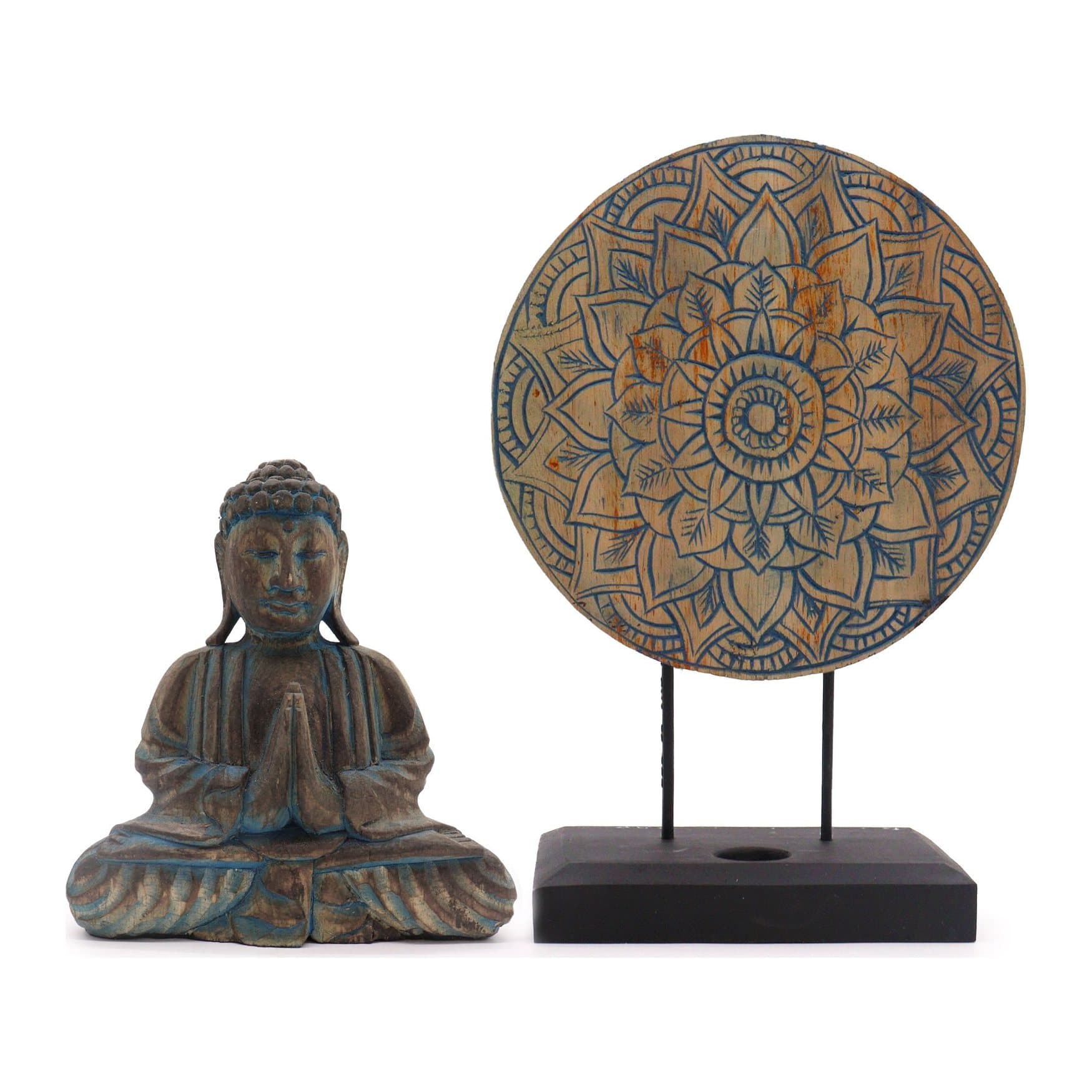 Blue Buddha feng shui set with a Flower Mandala design on a stand