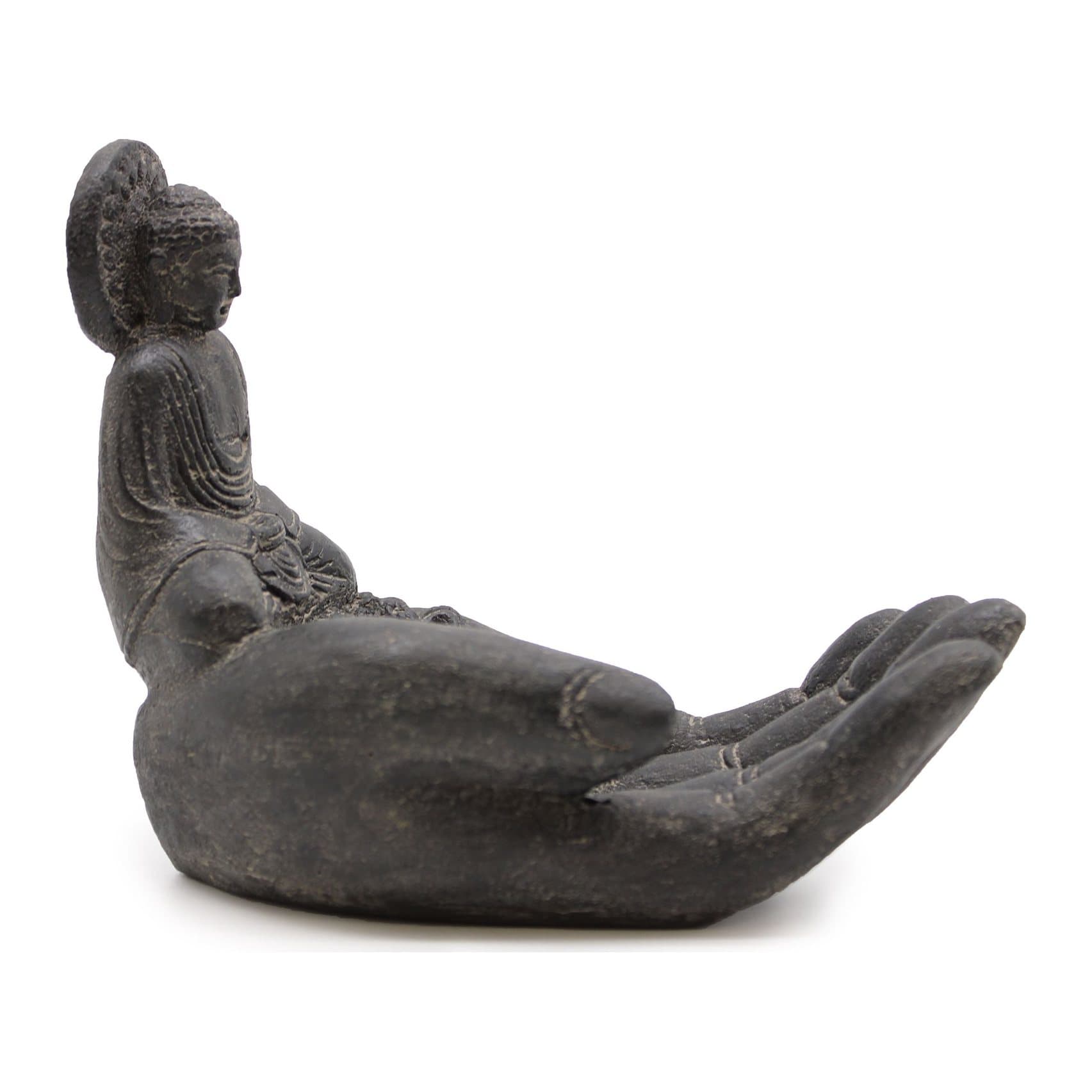 Black concrete Buddha and hand incense burner