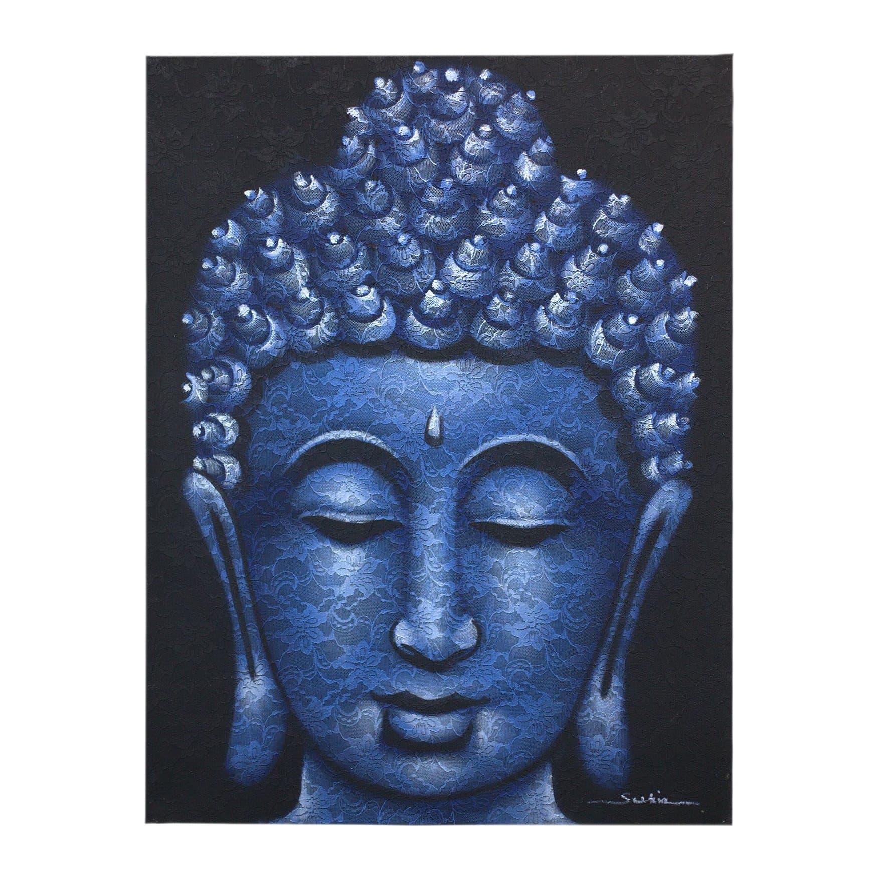 Framed Buddha painting with blue brocade detail