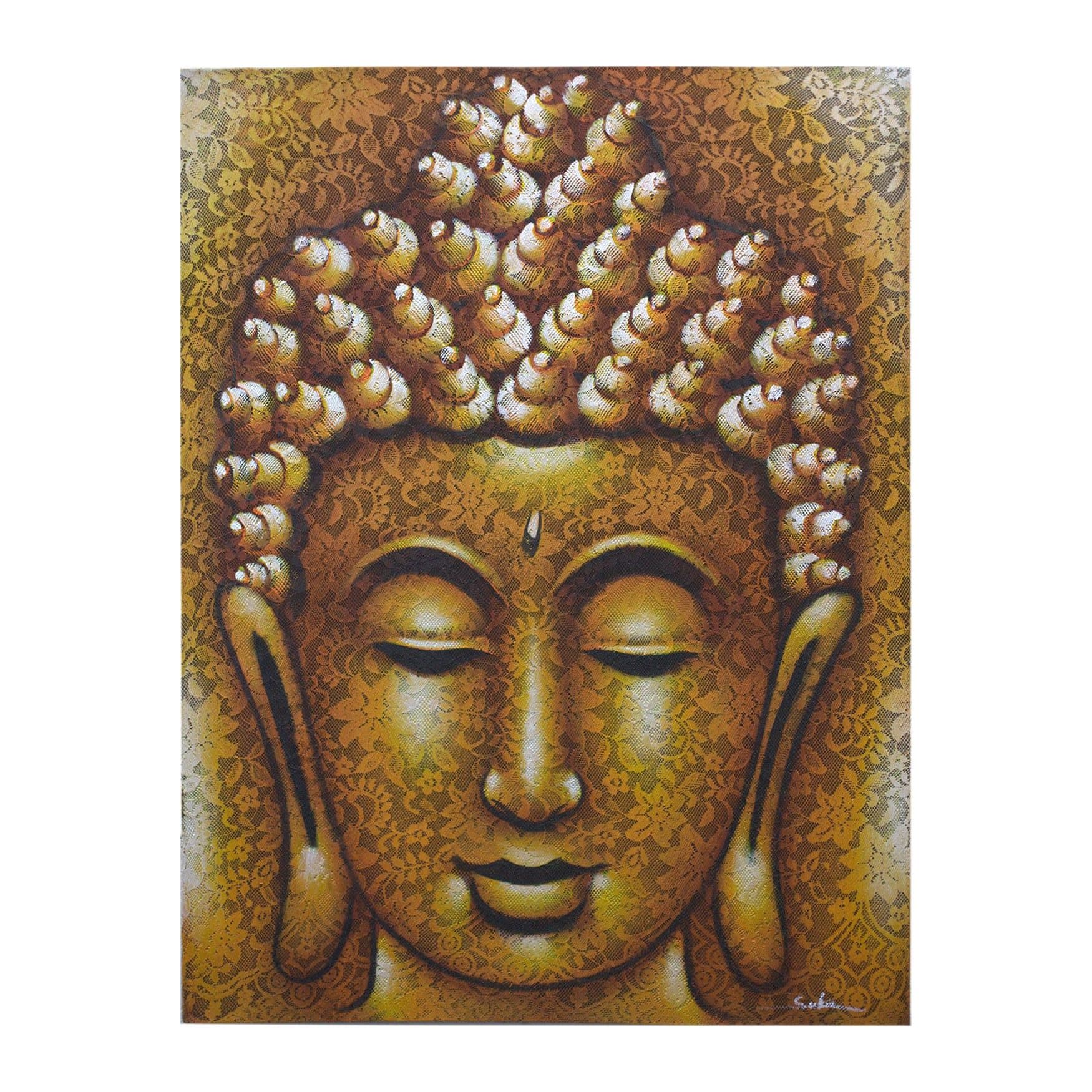 Buddha painting on canvas with brocade detail in a natural wooden frame