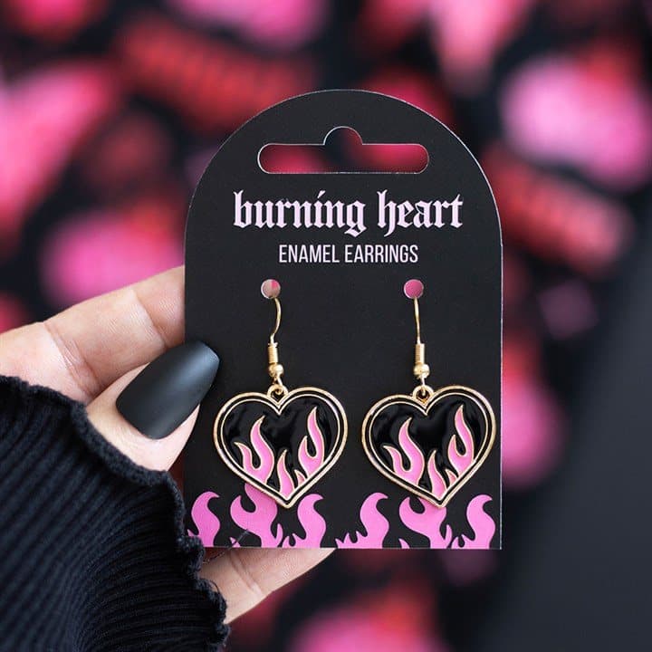 Pink and black flame heart earrings