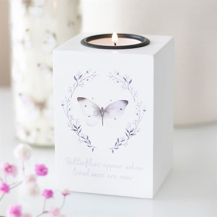 White tealight holder with a butterfly and a remembrance verse