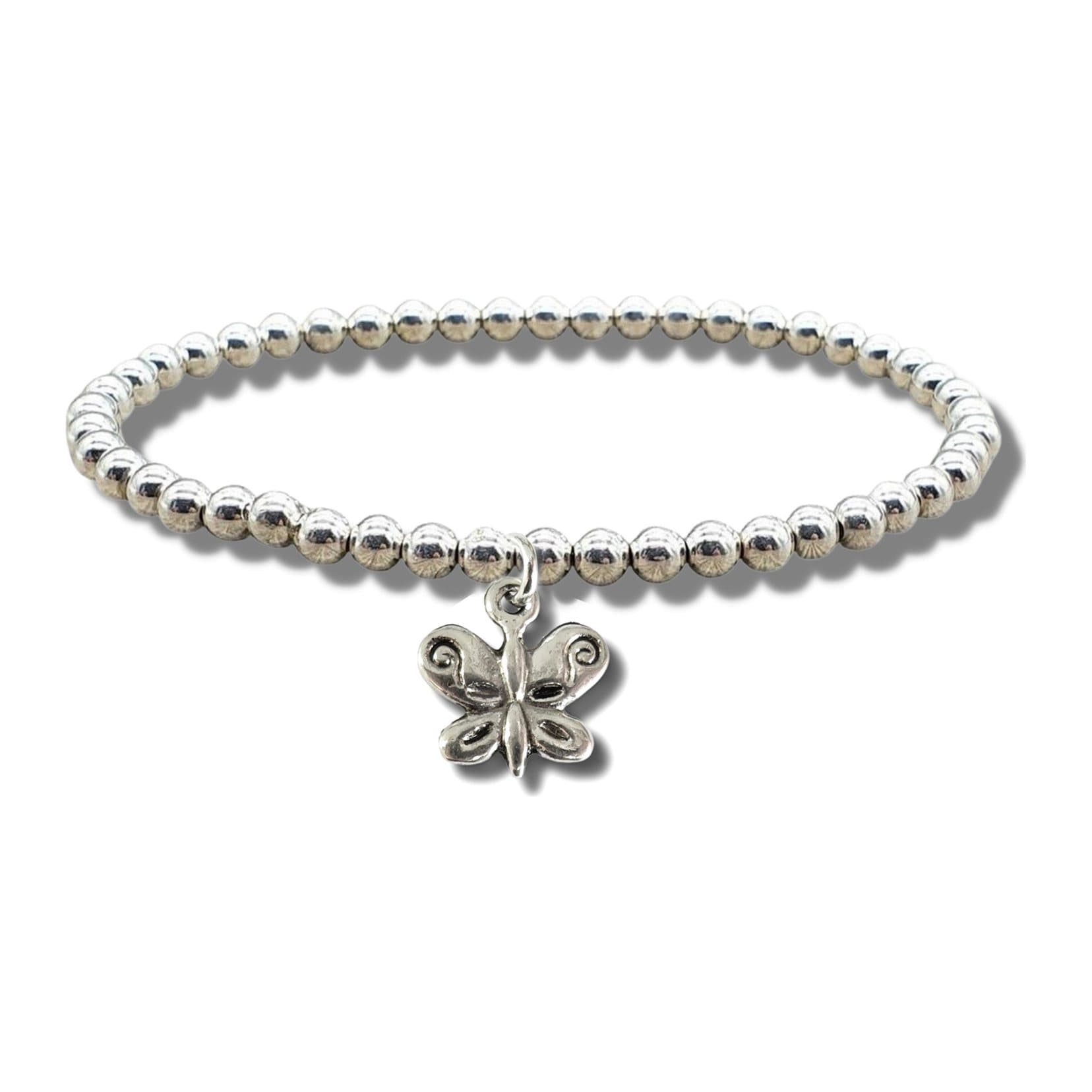 Silver beaded stretch bracelet with a silver butterfly charm.