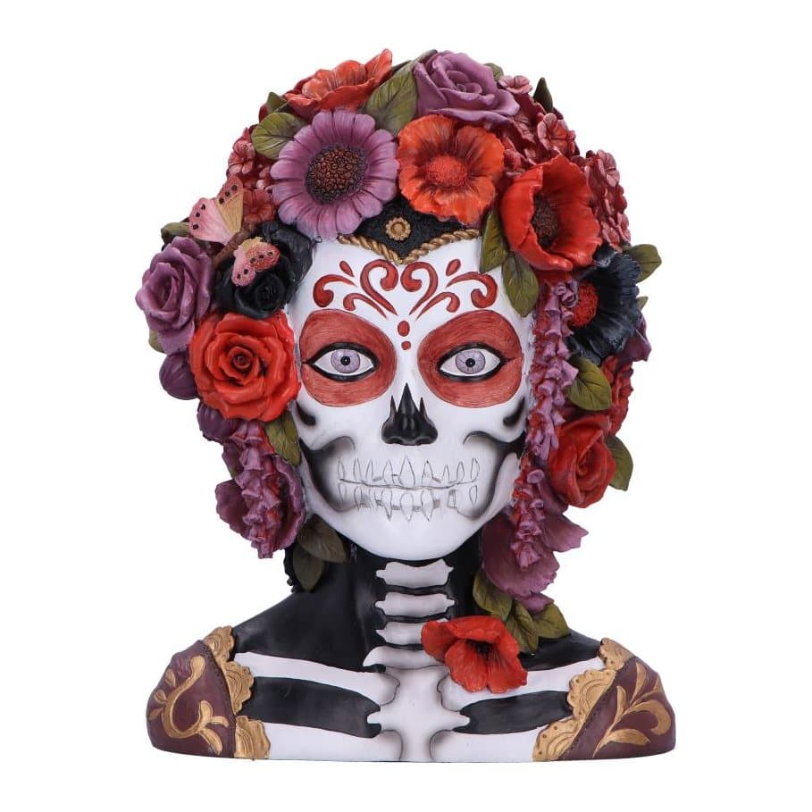 Resin Calavera Catrina bust with skeletal face paint and red, pink and purple flowers