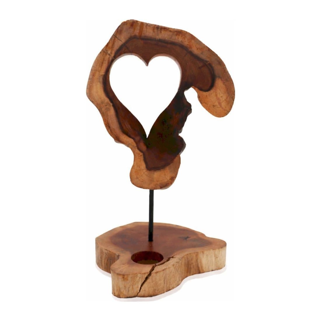 Heart-shaped brown wooden candle holder sign with carved tealight space