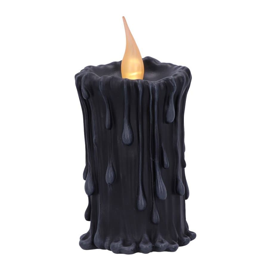Black gothic LED candle with bleeding wax and a flame at the top