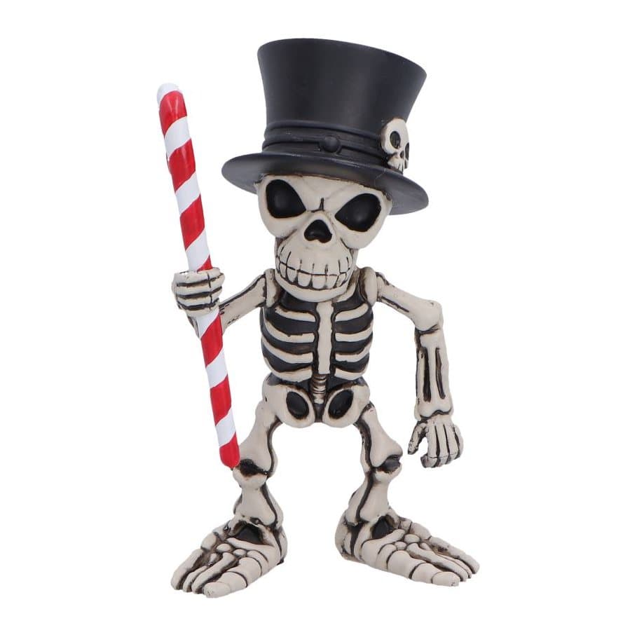 Skeleton figurine holding a candy cane and wearing a black top hat