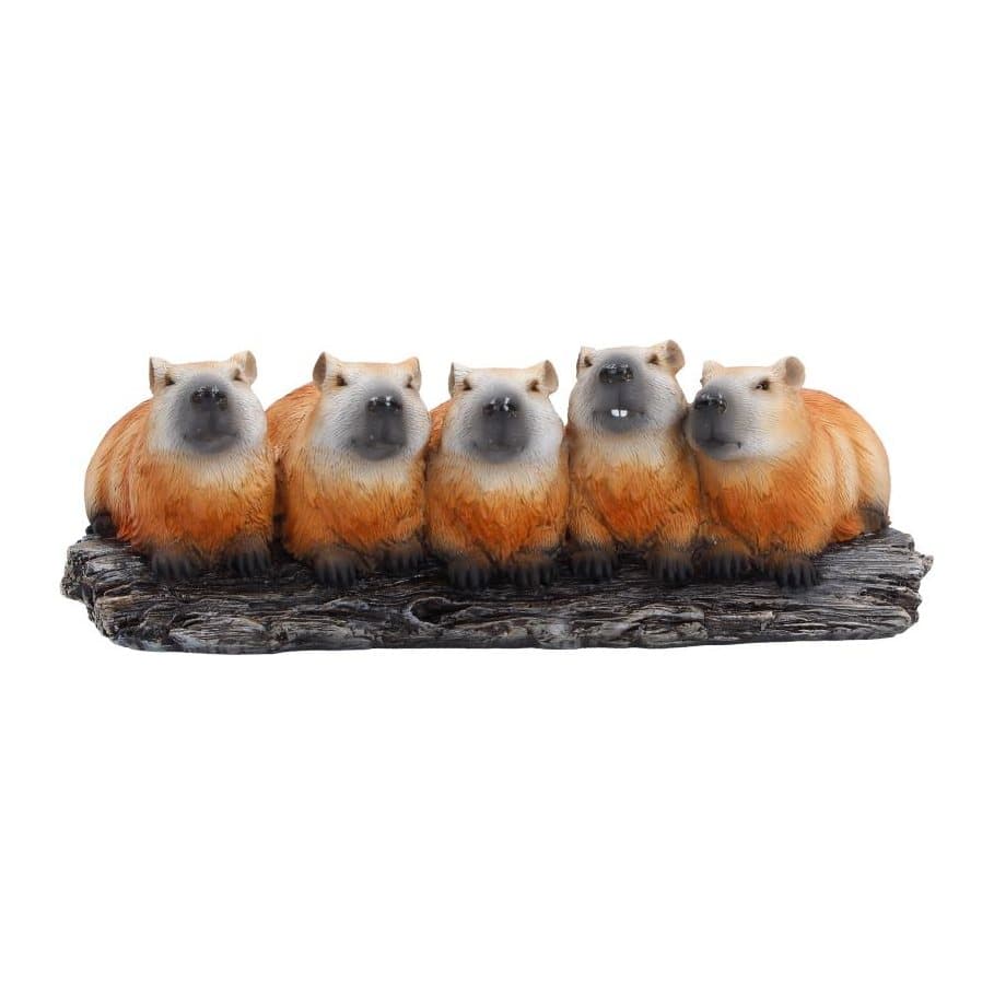 Figurine of five orange capybaras sitting side by side on a branch