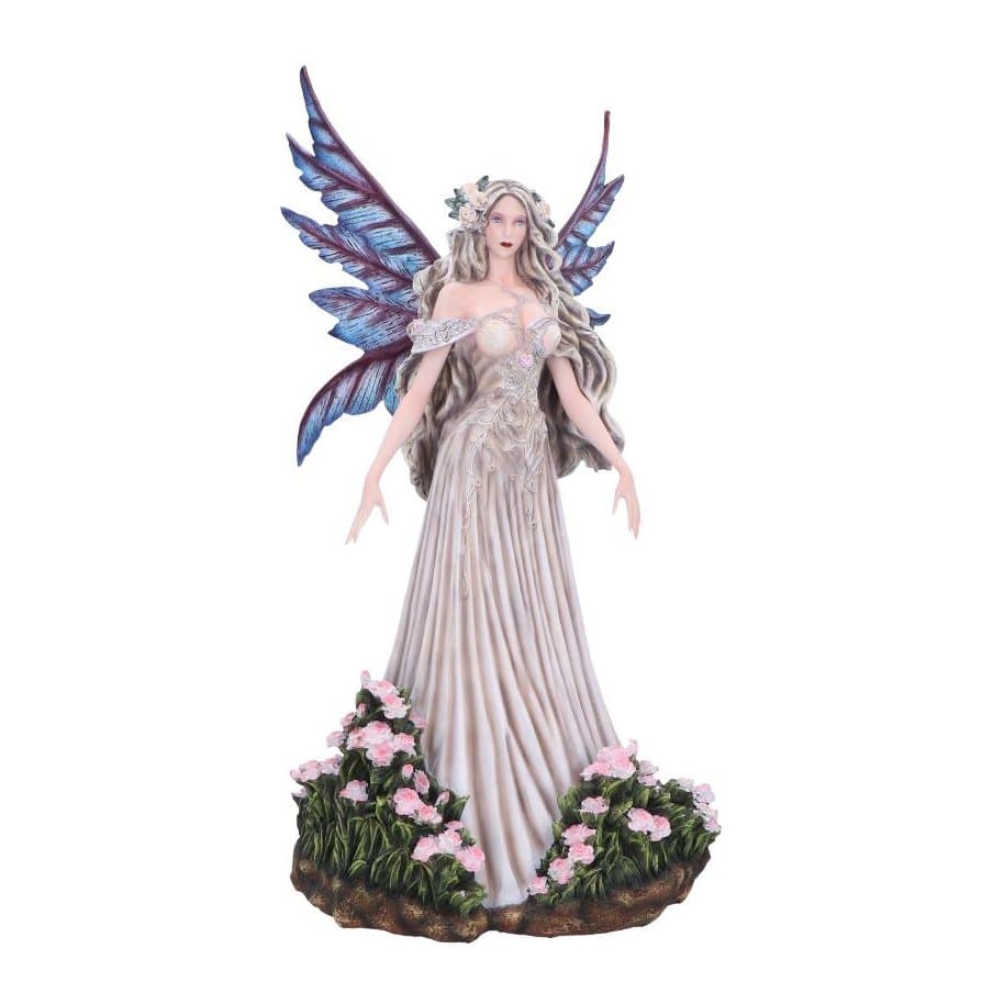 Carnelia resin fairy figurine in an ivory gown with iridescent wings and pink roses