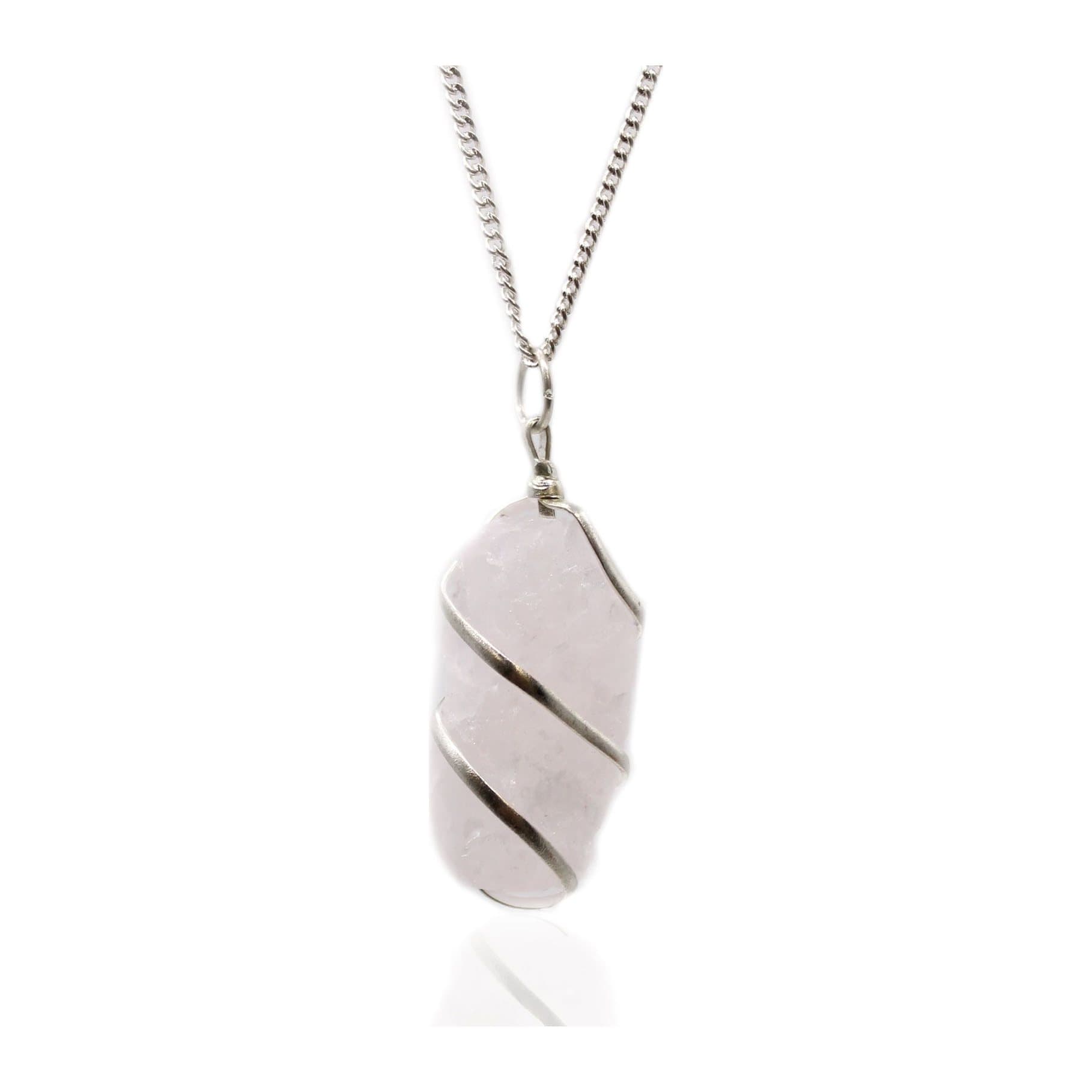 Rough rose quartz pendant cascade wrapped in thin wires on a silver plated necklace