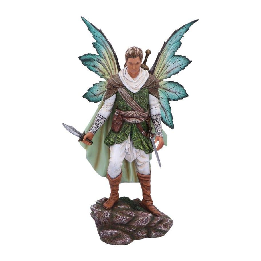 Caspian forest fairy figurine in green outfit with wings, sword and dagger