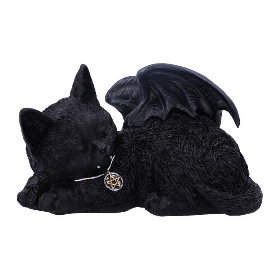 Black sleeping vampire cat figurine with bat wings and fangs