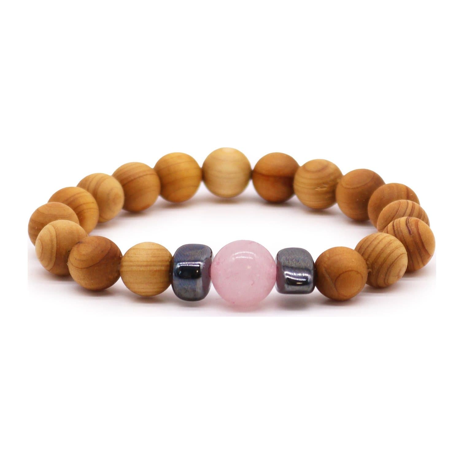 Cedarwood heart chakra bangle with a rose quartz bead
