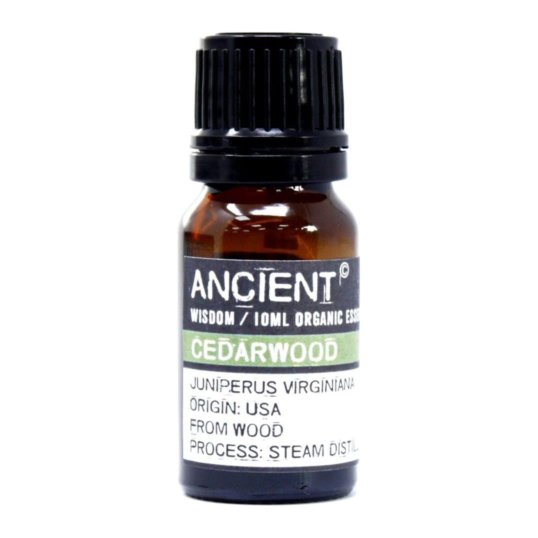 Two 10 ml bottles of organic cedarwood essential oil